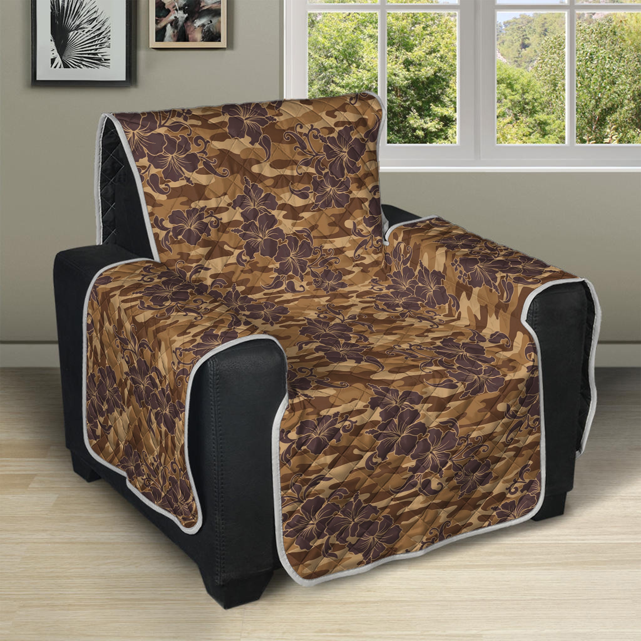 Brown Hawaiian Camo Flower Pattern Print Recliner Protector