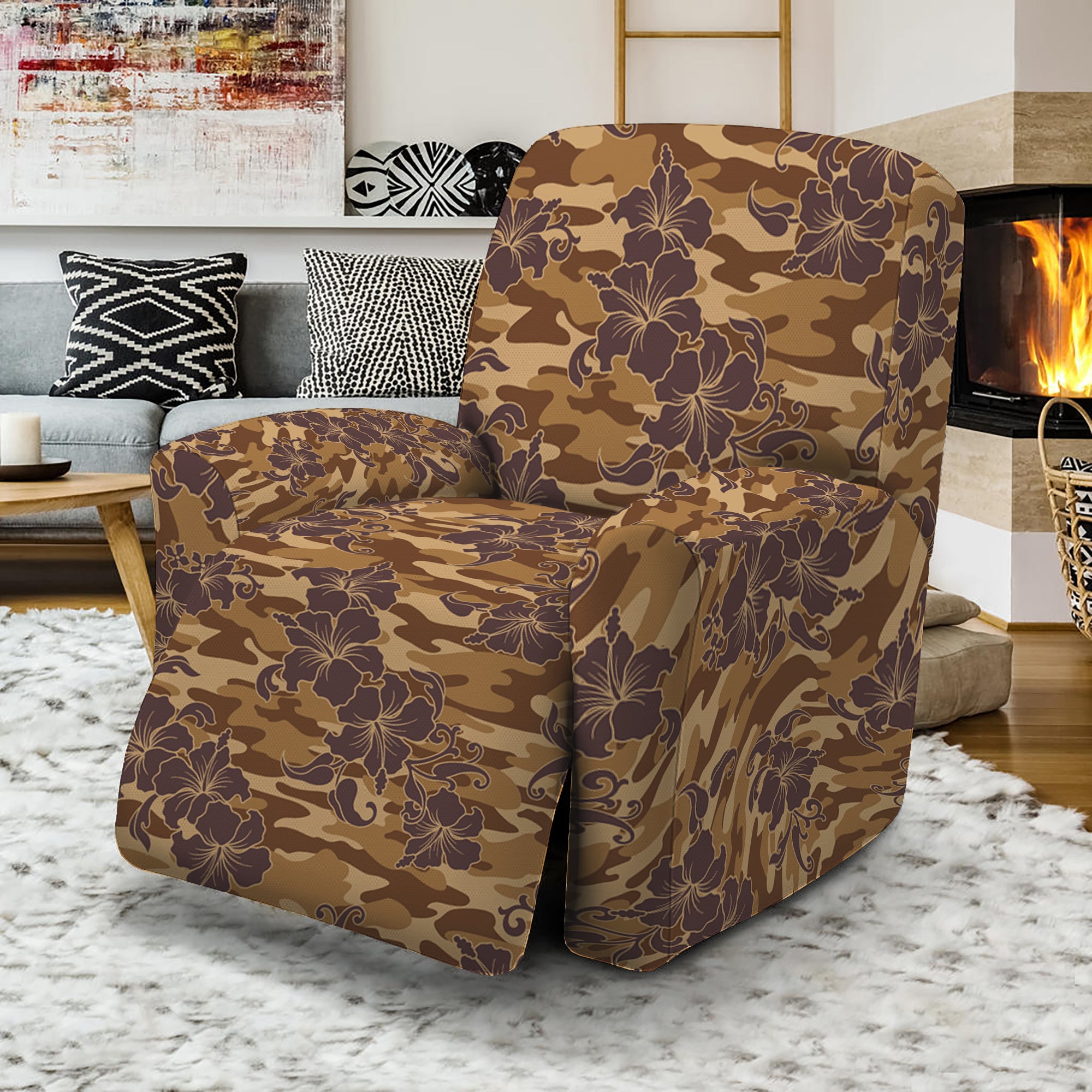 Brown Hawaiian Camo Flower Pattern Print Recliner Slipcover