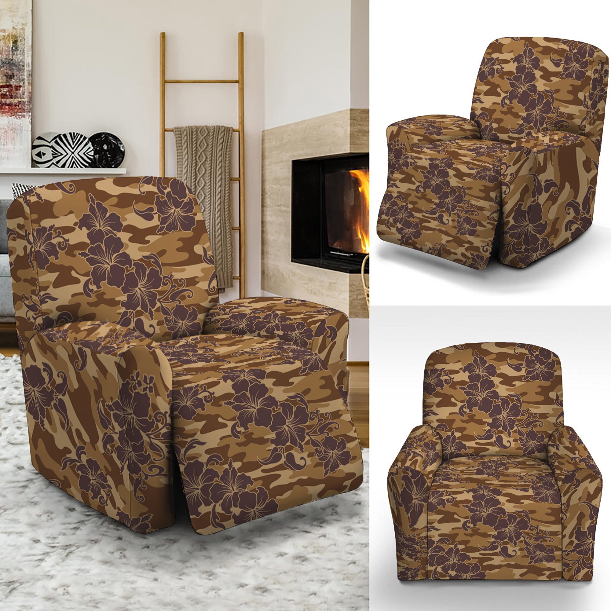 Brown Hawaiian Camo Flower Pattern Print Recliner Slipcover