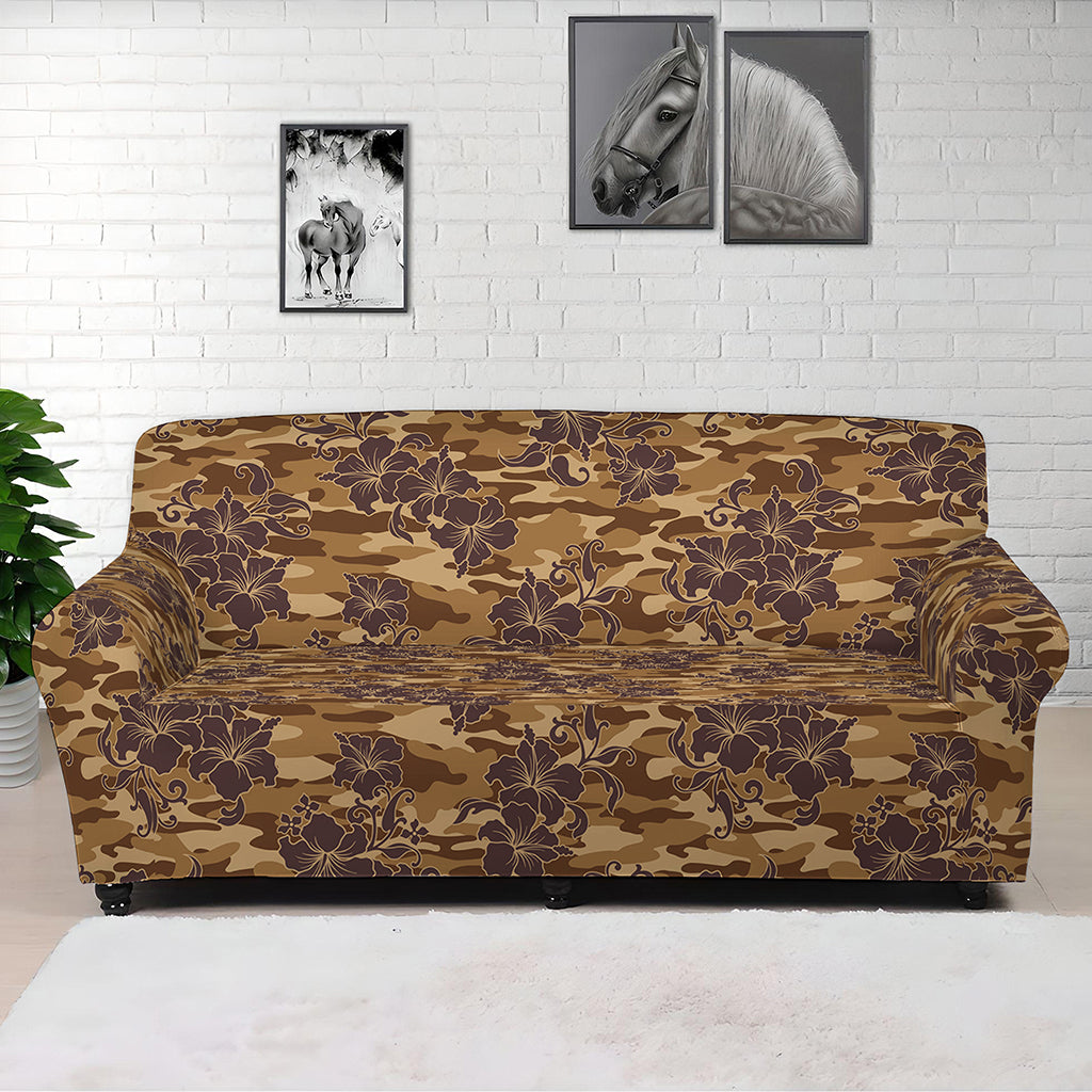 Brown Hawaiian Camo Flower Pattern Print Sofa Cover