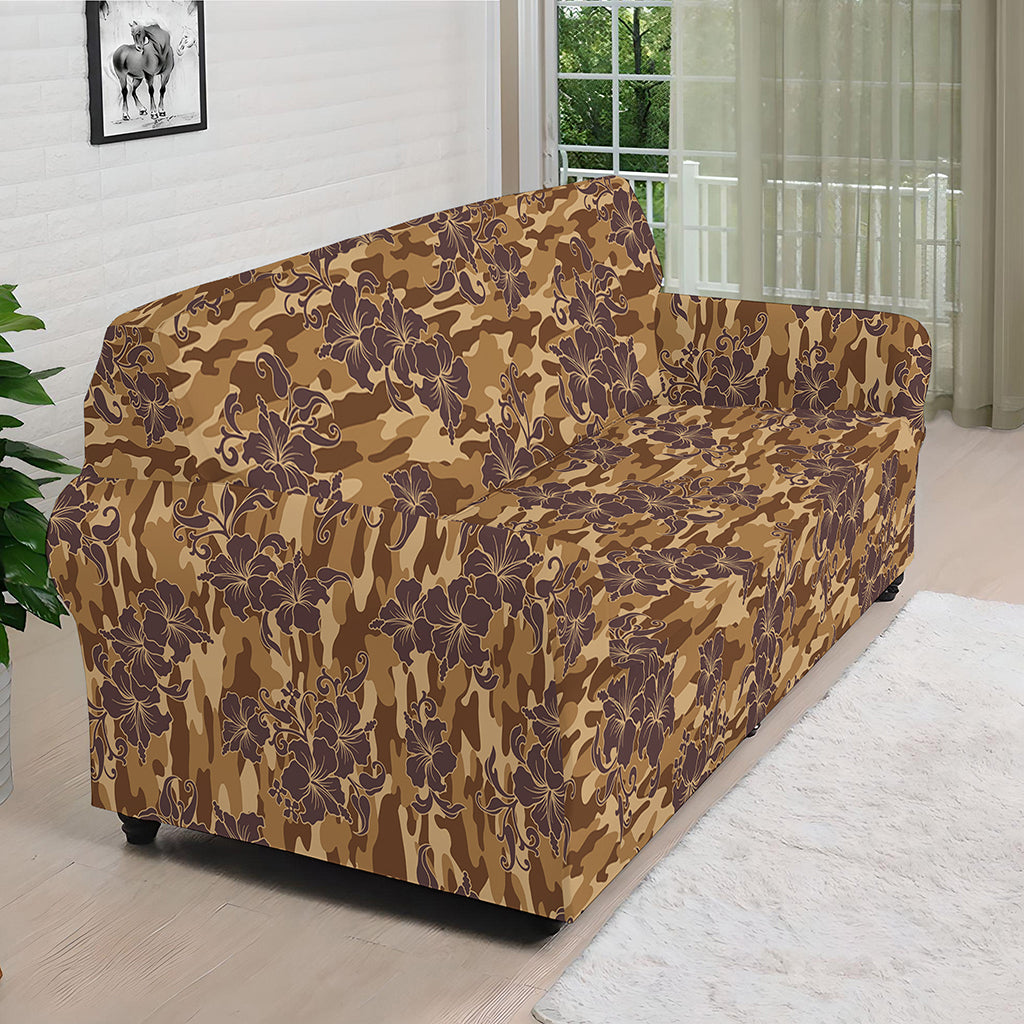 Brown Hawaiian Camo Flower Pattern Print Sofa Cover