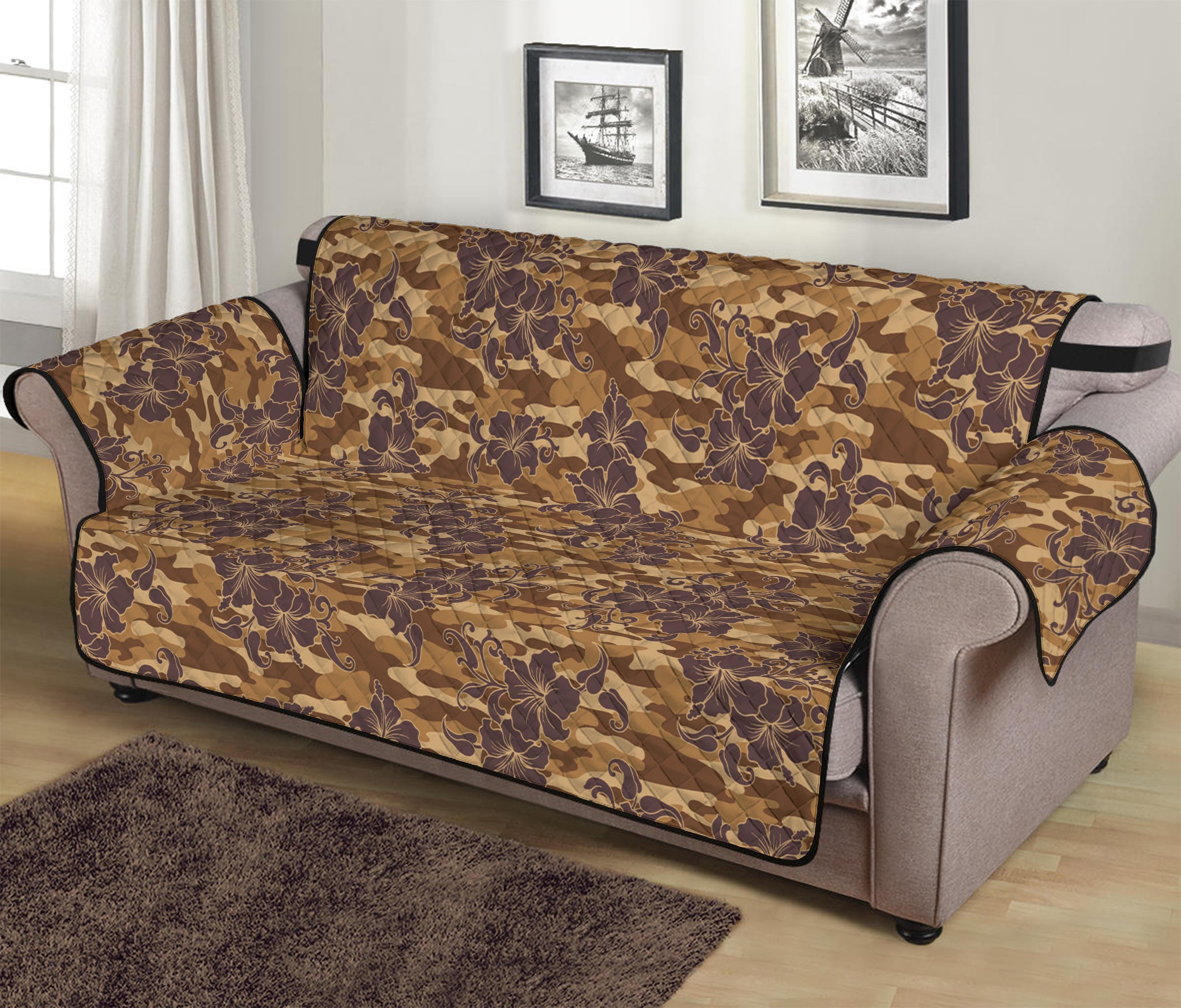 Brown Hawaiian Camo Flower Pattern Print Sofa Protector