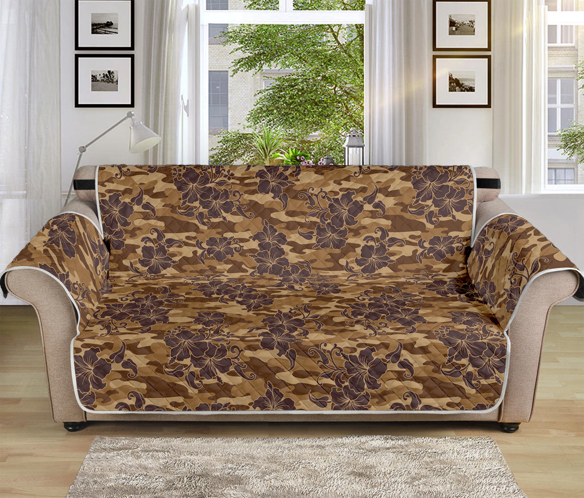 Brown Hawaiian Camo Flower Pattern Print Sofa Protector