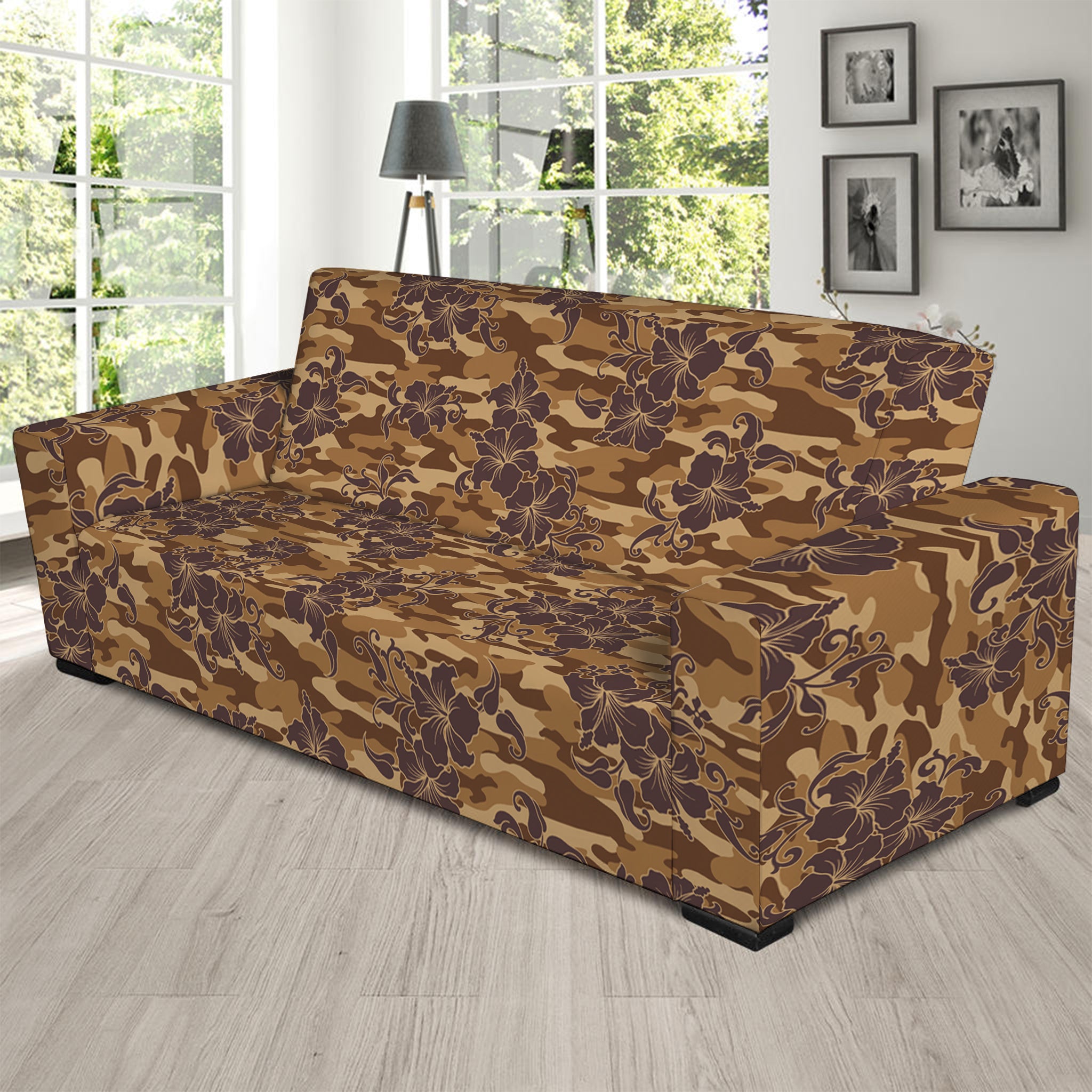 Brown Hawaiian Camo Flower Pattern Print Sofa Slipcover