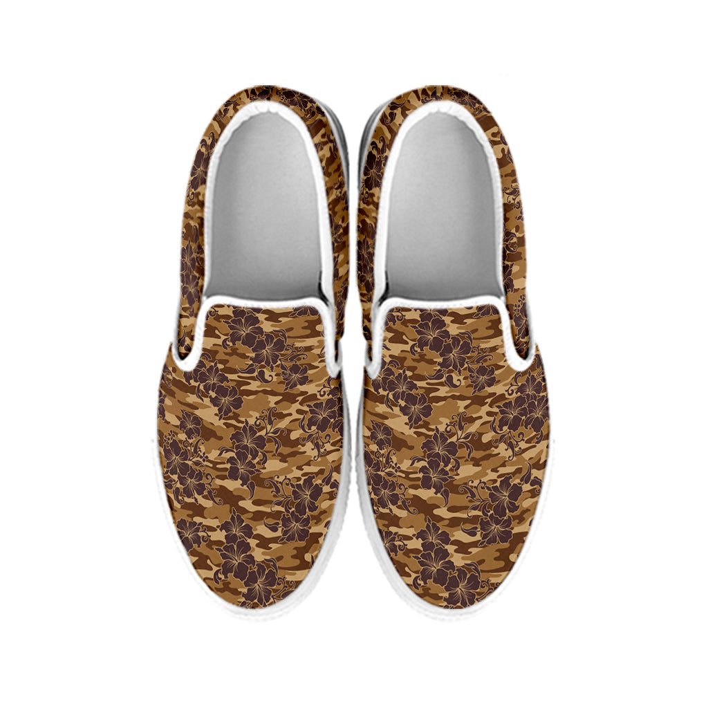 Brown Hawaiian Camo Flower Pattern Print White Slip On Shoes