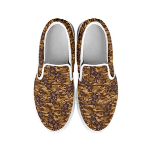 Brown Hawaiian Camo Flower Pattern Print White Slip On Shoes