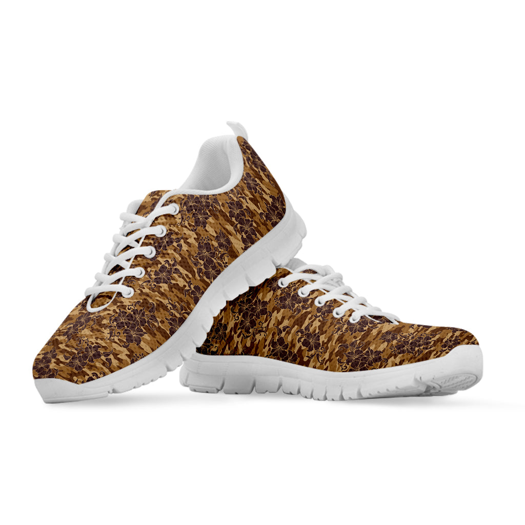 Brown Hawaiian Camo Flower Pattern Print White Sneakers