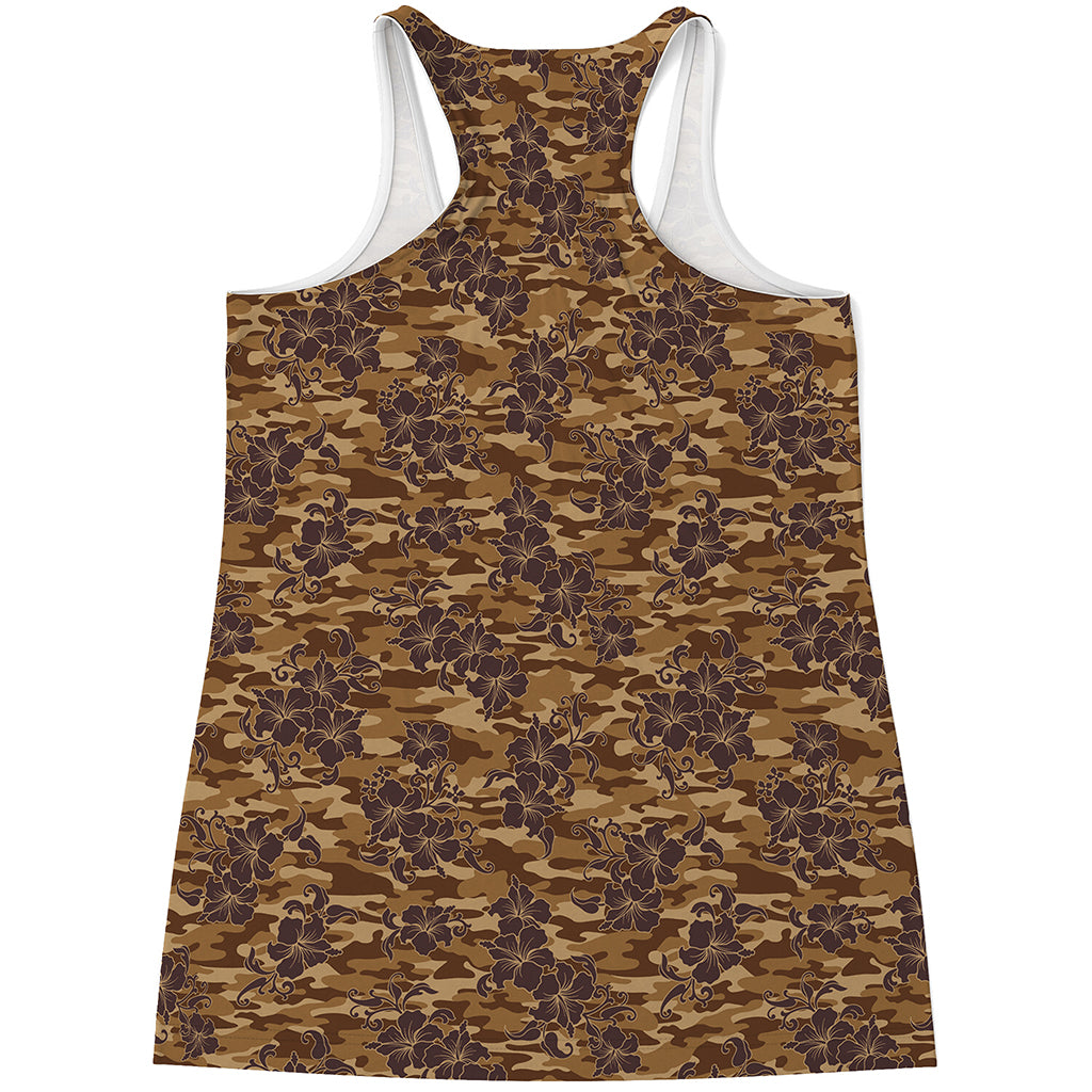 Brown Hawaiian Camo Flower Pattern Print Women's Racerback Tank Top