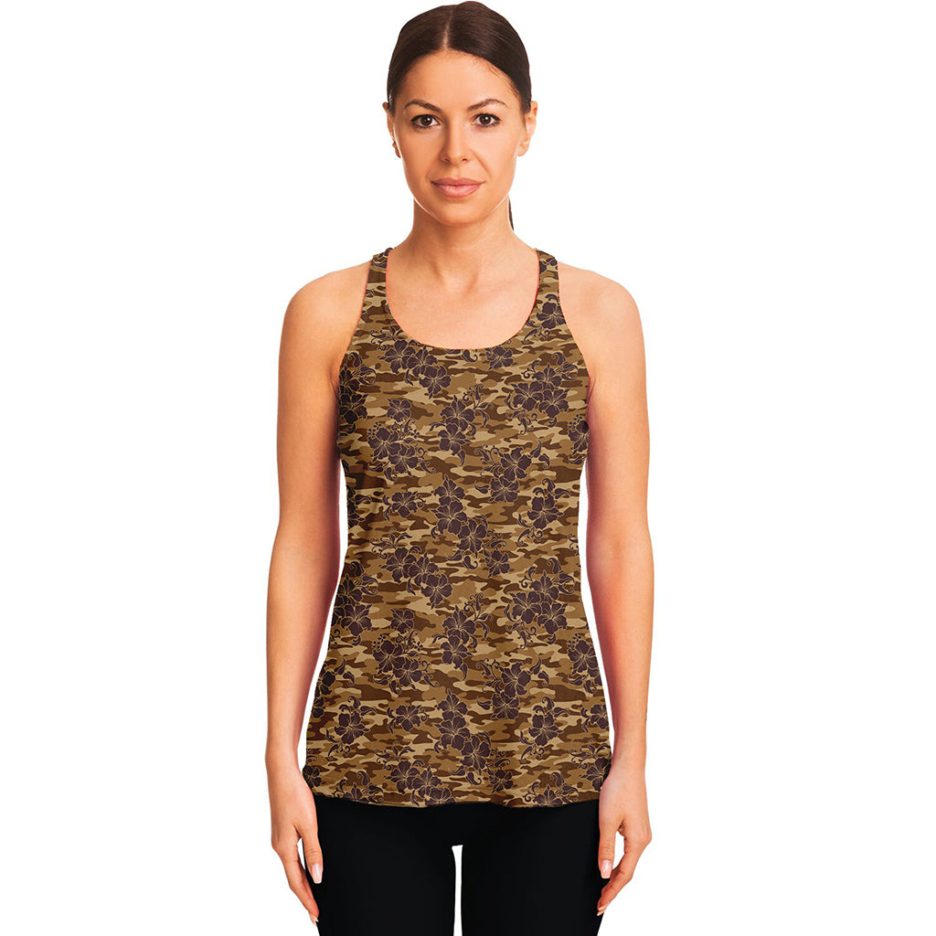 Brown Hawaiian Camo Flower Pattern Print Women's Racerback Tank Top