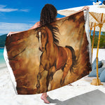 Brown Horse Painting Print Beach Sarong Wrap