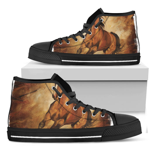 Brown Horse Painting Print Black High Top Shoes