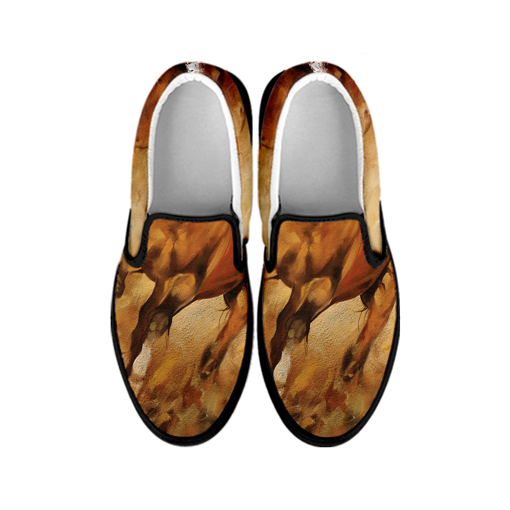 Brown Horse Painting Print Black Slip On Shoes
