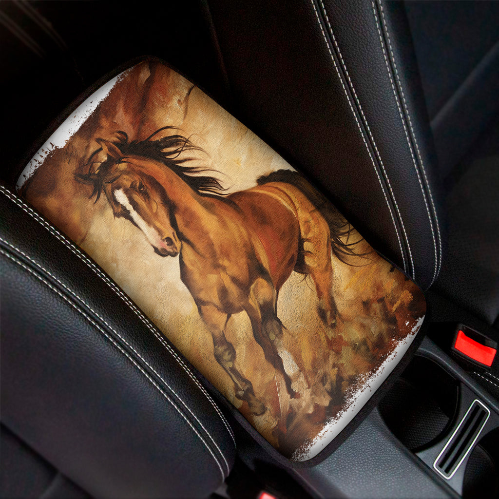 Brown Horse Painting Print Car Center Console Cover