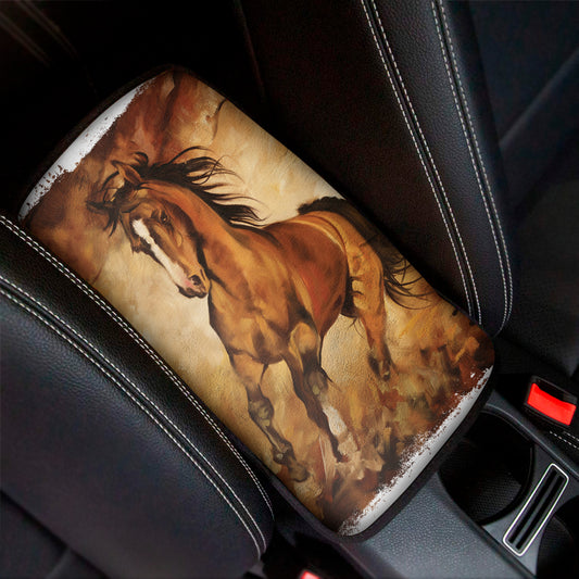 Brown Horse Painting Print Car Center Console Cover