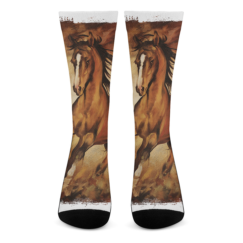 Brown Horse Painting Print Crew Socks