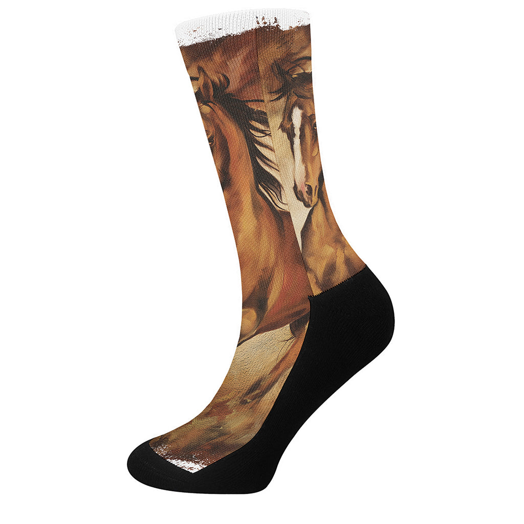 Brown Horse Painting Print Crew Socks