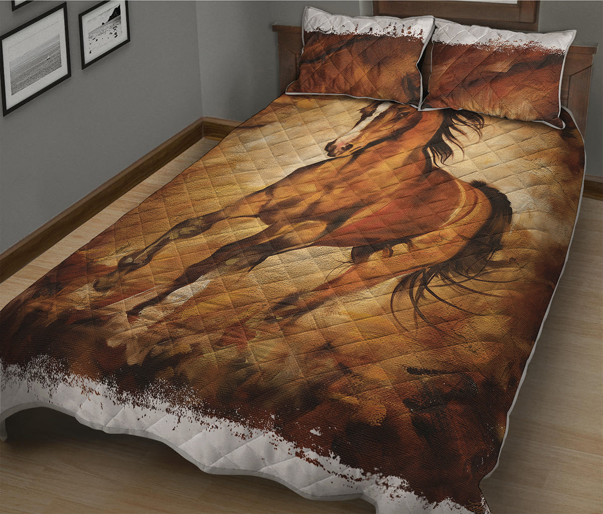 Brown Horse Painting Print Quilt Bed Set