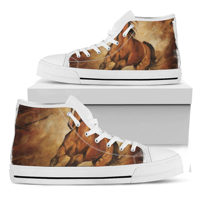 Brown Horse Painting Print White High Top Shoes