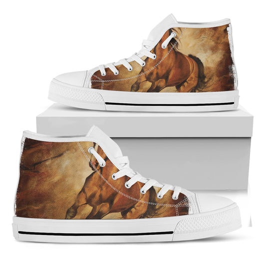 Brown Horse Painting Print White High Top Shoes