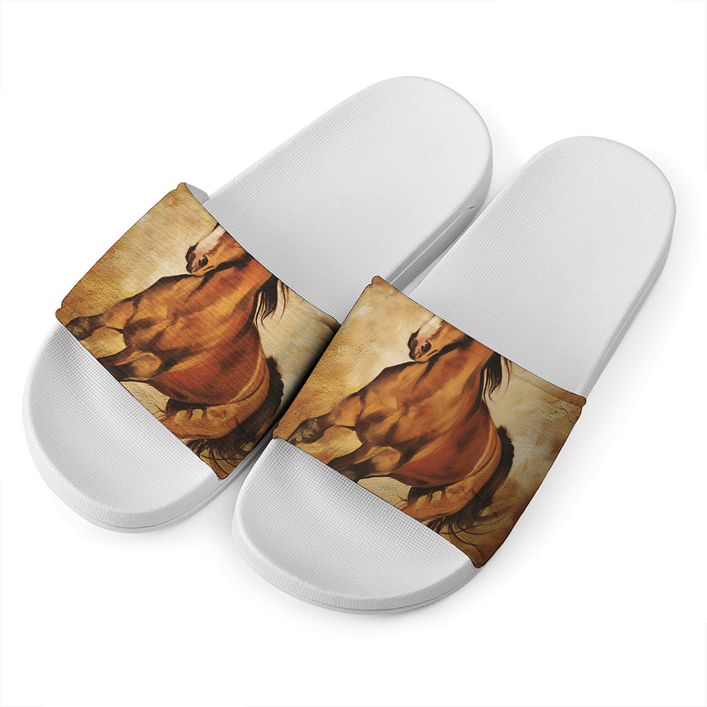 Brown Horse Painting Print White Slide Sandals