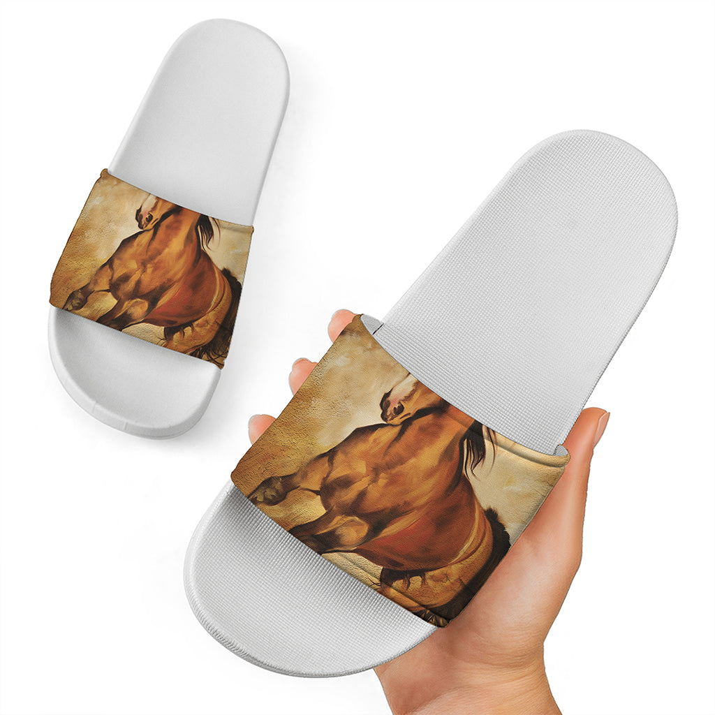 Brown Horse Painting Print White Slide Sandals