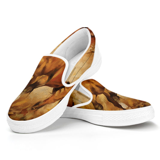 Brown Horse Painting Print White Slip On Shoes