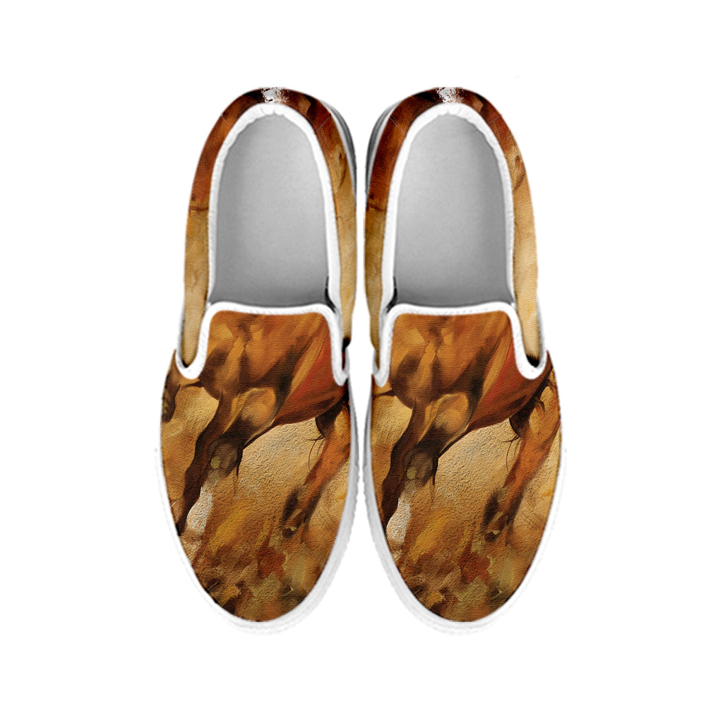 Brown Horse Painting Print White Slip On Shoes