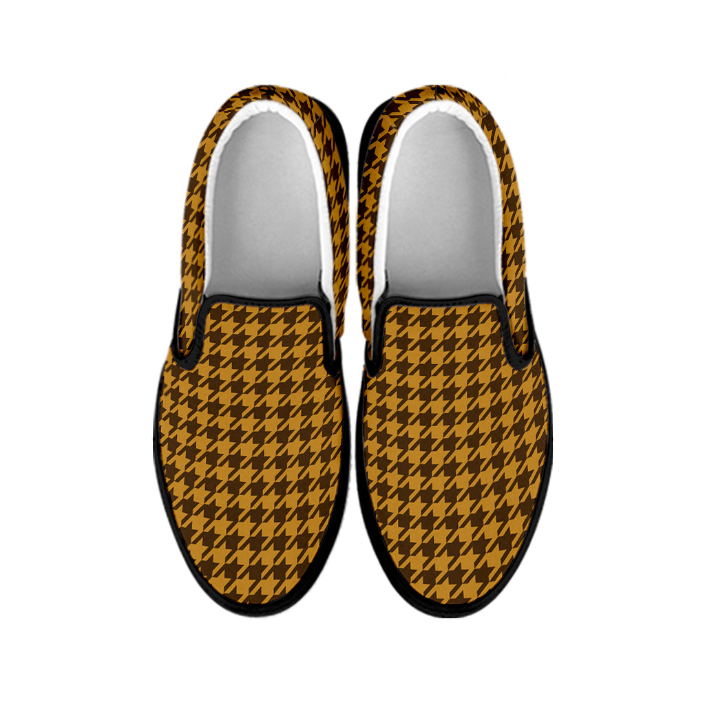 Brown Houndstooth Pattern Print Black Slip On Shoes