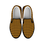 Brown Houndstooth Pattern Print Black Slip On Shoes