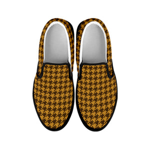 Brown Houndstooth Pattern Print Black Slip On Shoes