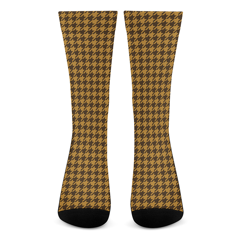 Brown Houndstooth Pattern Print Crew Socks