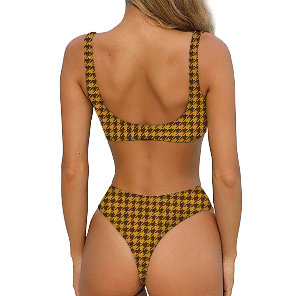 Brown Houndstooth Pattern Print Front Bow Tie Bikini