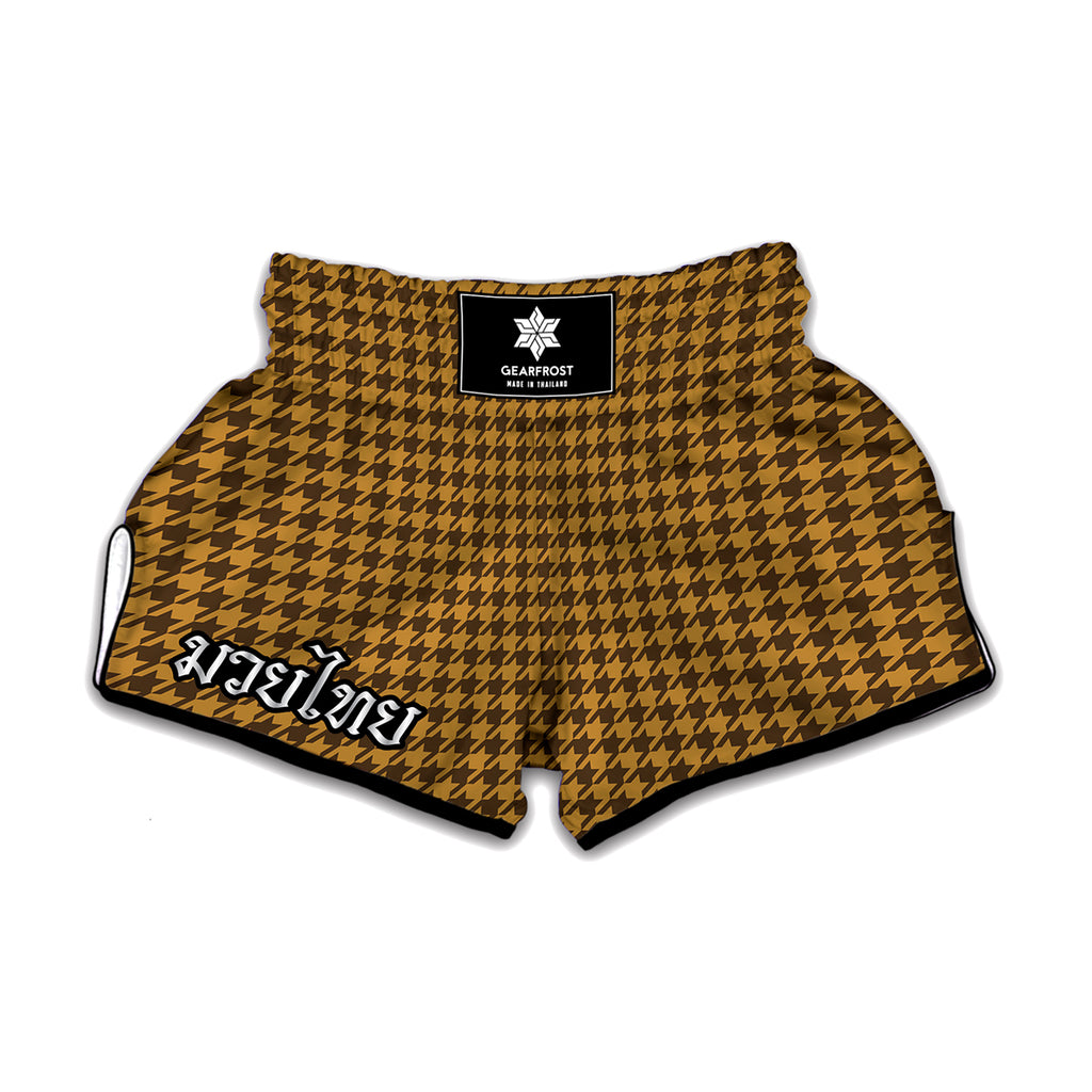 Brown Houndstooth Pattern Print Muay Thai Boxing Shorts