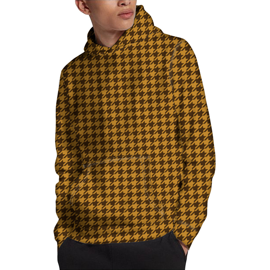 Brown Houndstooth Pattern Print Pullover Hoodie