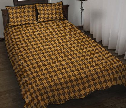 Brown Houndstooth Pattern Print Quilt Bed Set