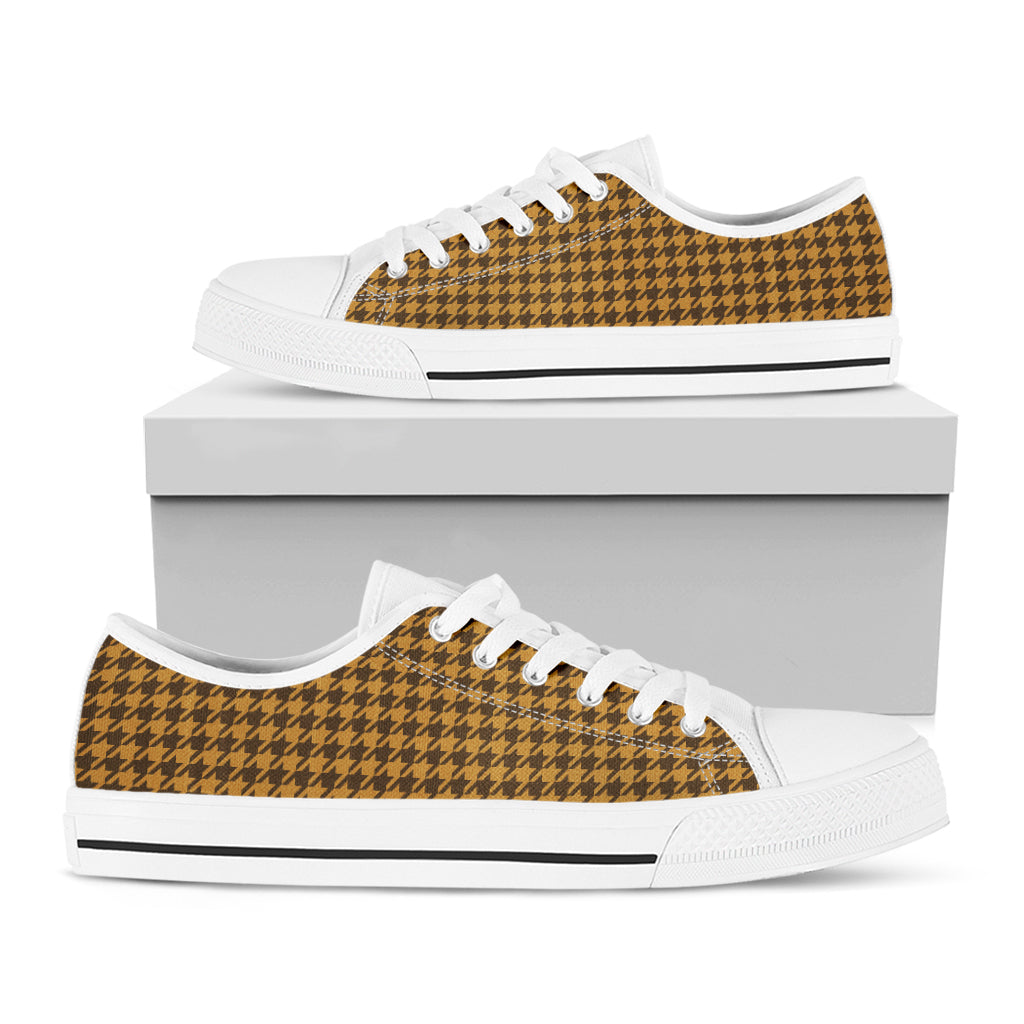 Brown Houndstooth Pattern Print White Low Top Shoes