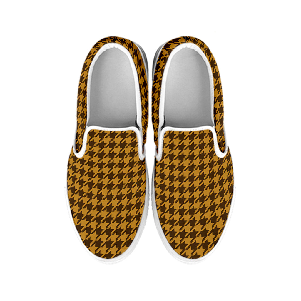 Brown Houndstooth Pattern Print White Slip On Shoes