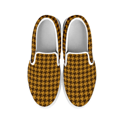 Brown Houndstooth Pattern Print White Slip On Shoes