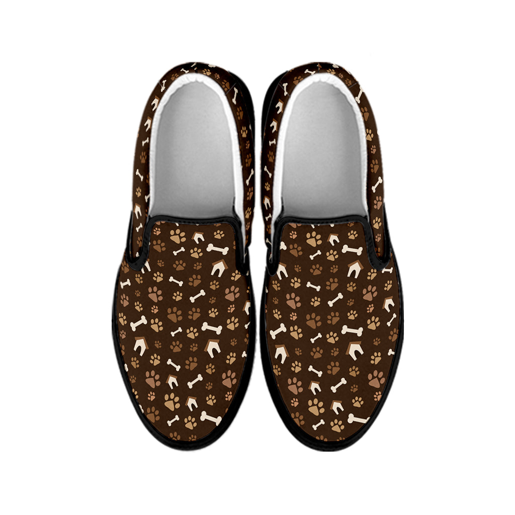 Brown Paw And Bone Pattern Print Black Slip On Shoes