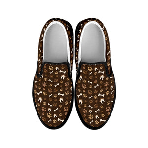 Brown Paw And Bone Pattern Print Black Slip On Shoes