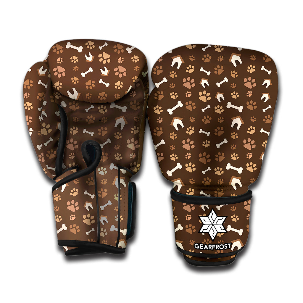 Brown Paw And Bone Pattern Print Boxing Gloves