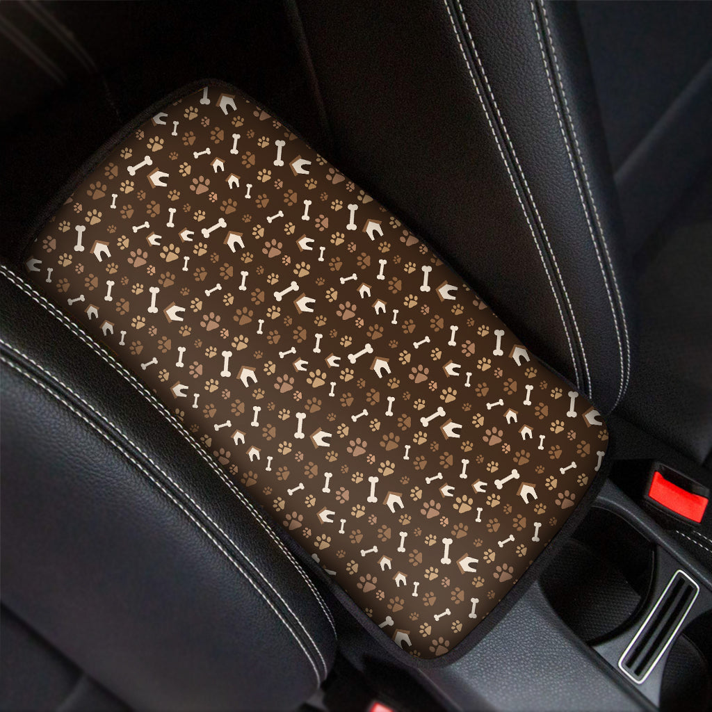 Brown Paw And Bone Pattern Print Car Center Console Cover