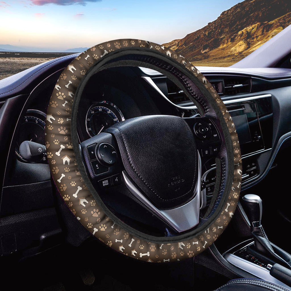 Brown Paw And Bone Pattern Print Car Steering Wheel Cover