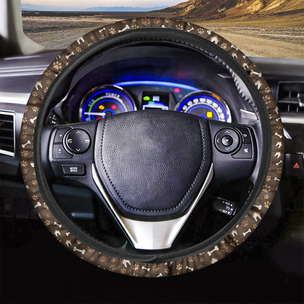 Brown Paw And Bone Pattern Print Car Steering Wheel Cover