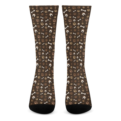 Brown Paw And Bone Pattern Print Crew Socks