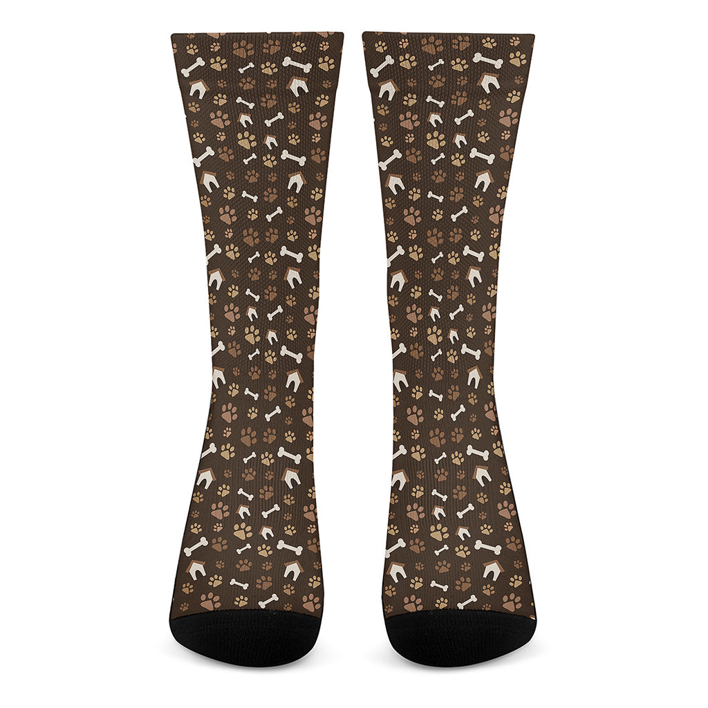 Brown Paw And Bone Pattern Print Crew Socks