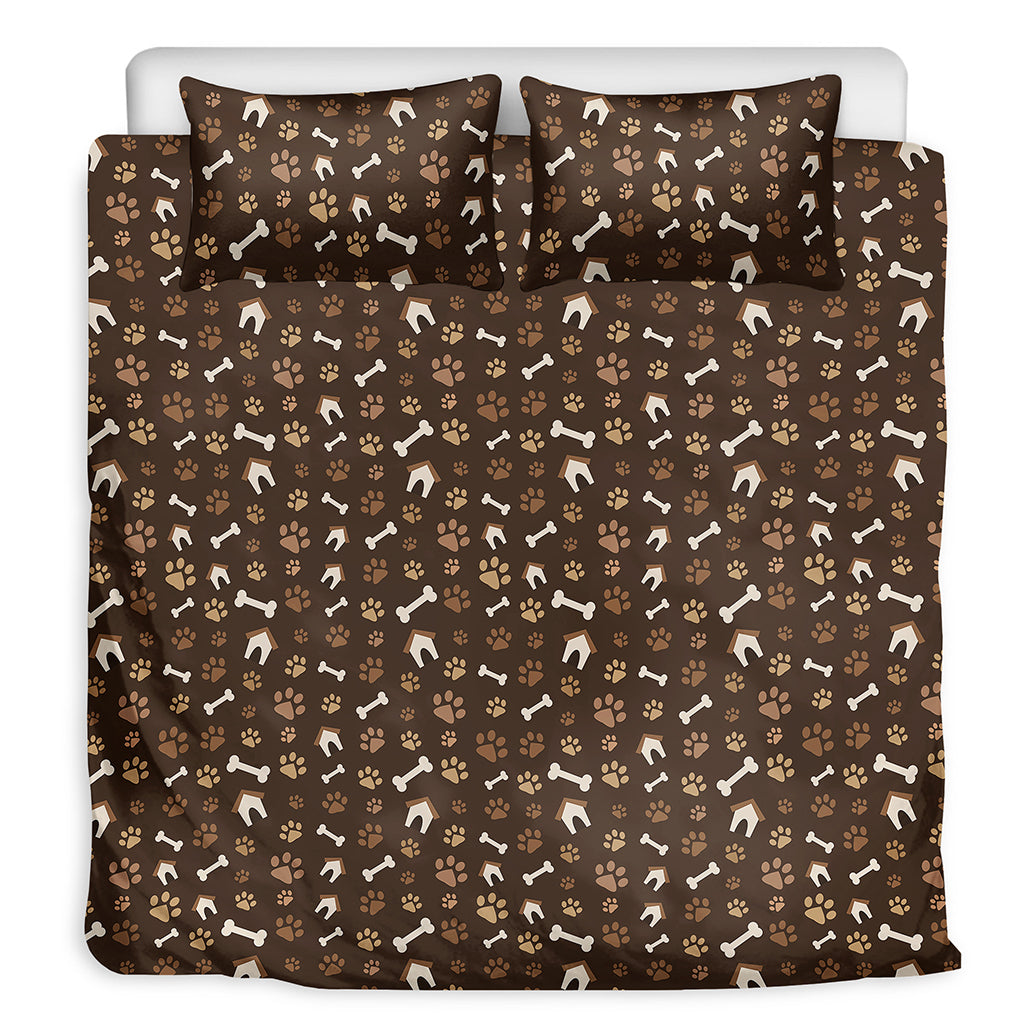 Brown Paw And Bone Pattern Print Duvet Cover Bedding Set