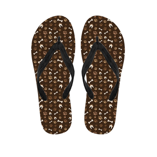 Brown Paw And Bone Pattern Print Flip Flops