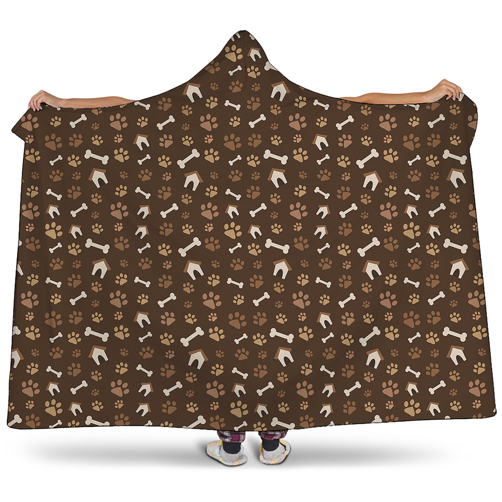 Brown Paw And Bone Pattern Print Hooded Blanket