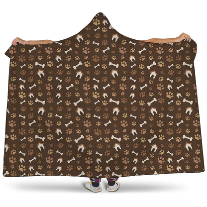 Brown Paw And Bone Pattern Print Hooded Blanket